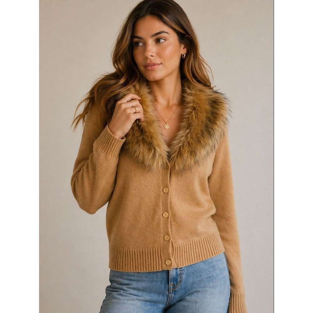 Faux Fur Collar Cardigan Tan Camel Vintage 90s Y2K Sweater Women Small Glam